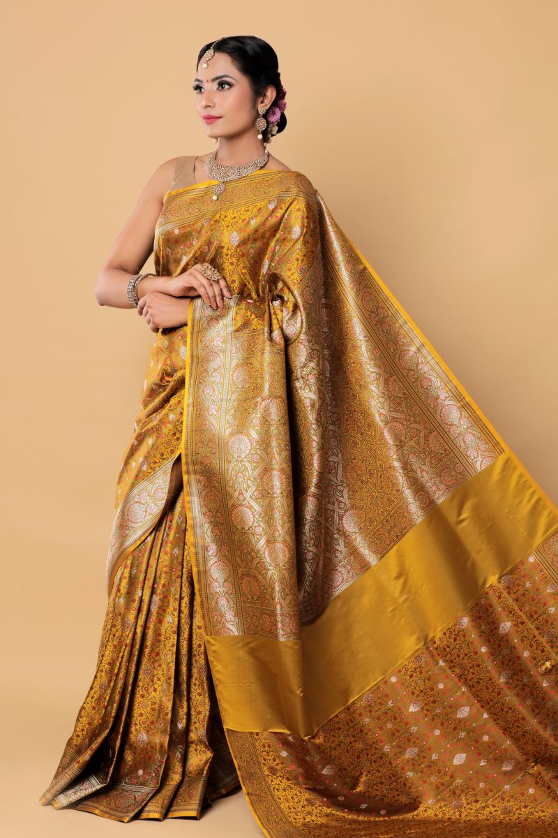 Curcuma Aura Banarasi Tanchoi Silk Saree