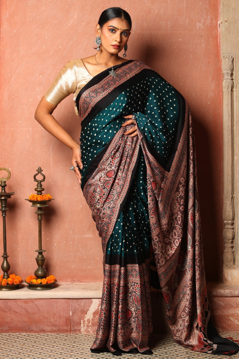 Blue Modal Silk Ajrakh Saree