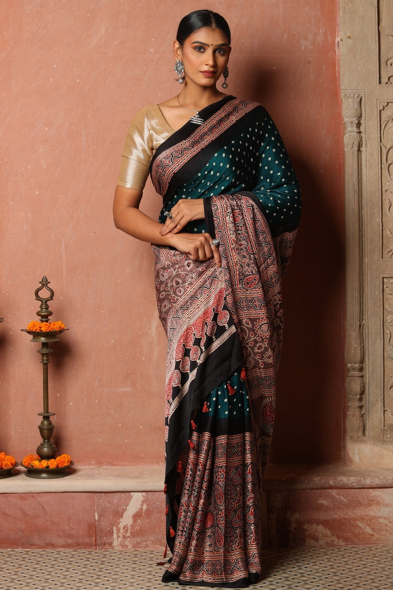 Blue Brown Ajrakh Modal Silk Saree