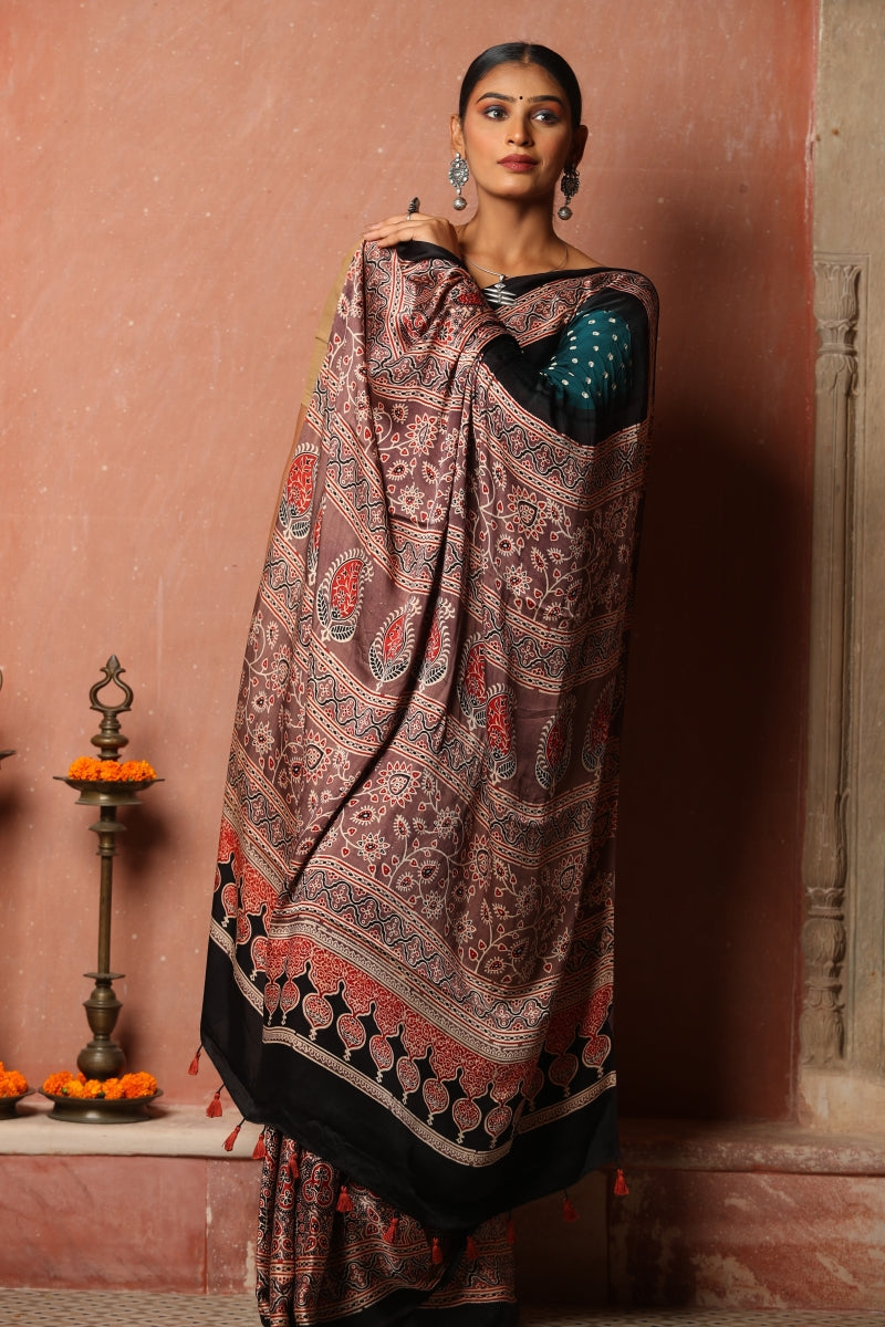 Bandhej Ajrakh Modal Silk Saree