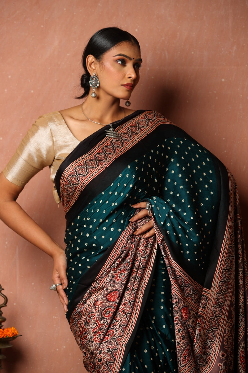 Bandhani Ajrakh Modal Silk Saree