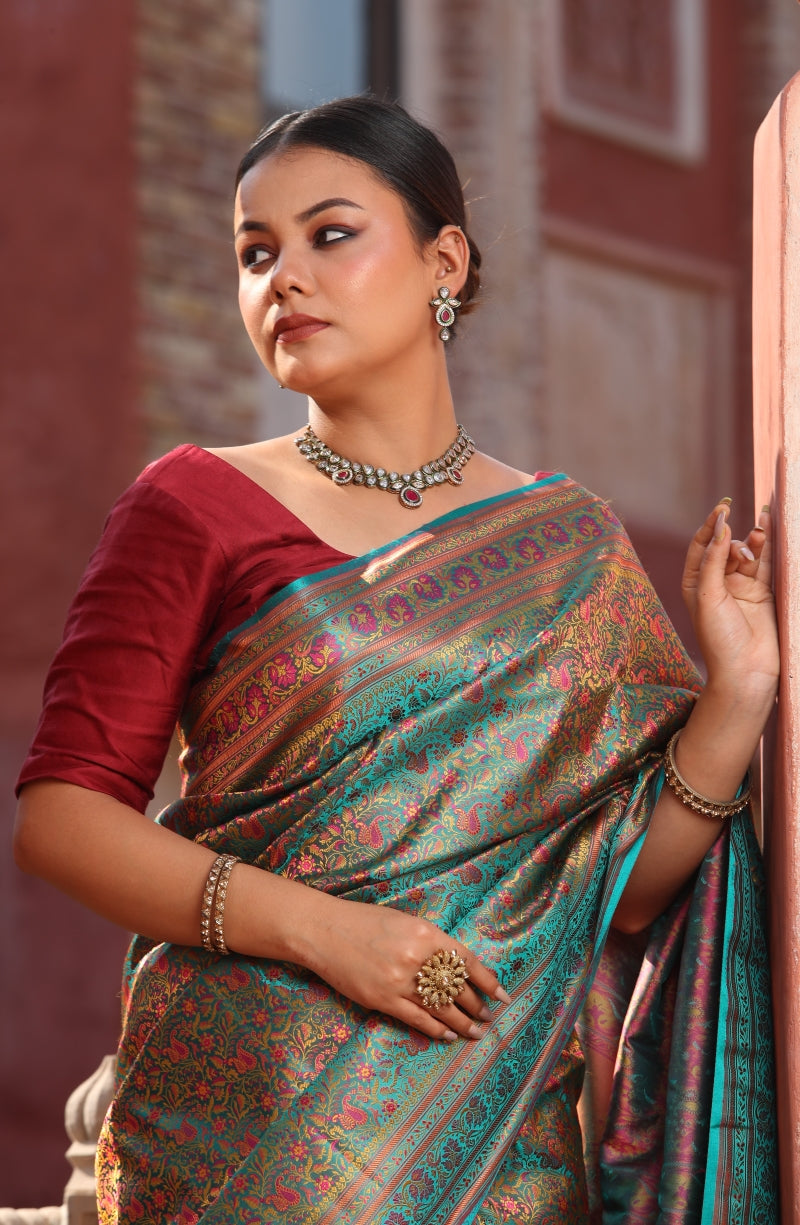 Green Jamawar Tanchoi Banarasi Silk Saree