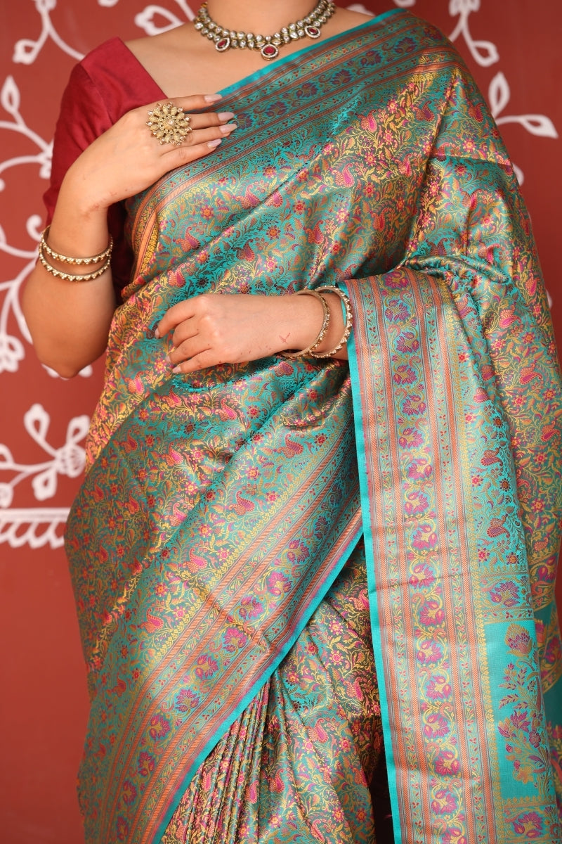 Green Banarasi Jamawar Tanchoi Silk Saree