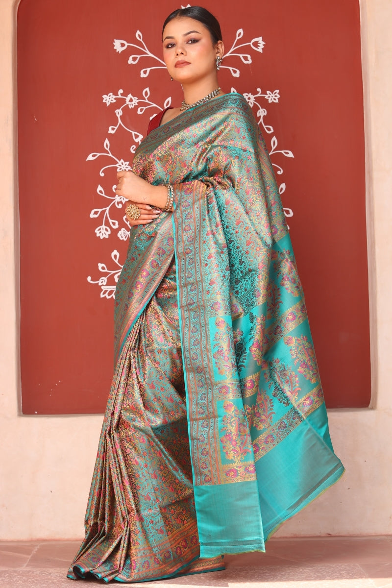 Aqueous Green Jamawar Tanchoi Banarasi Silk Saree