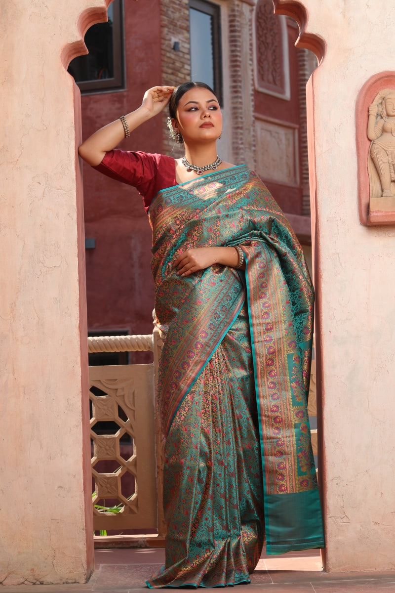 Green Jamawar Tanchoi Banarasi Pure Silk Saree