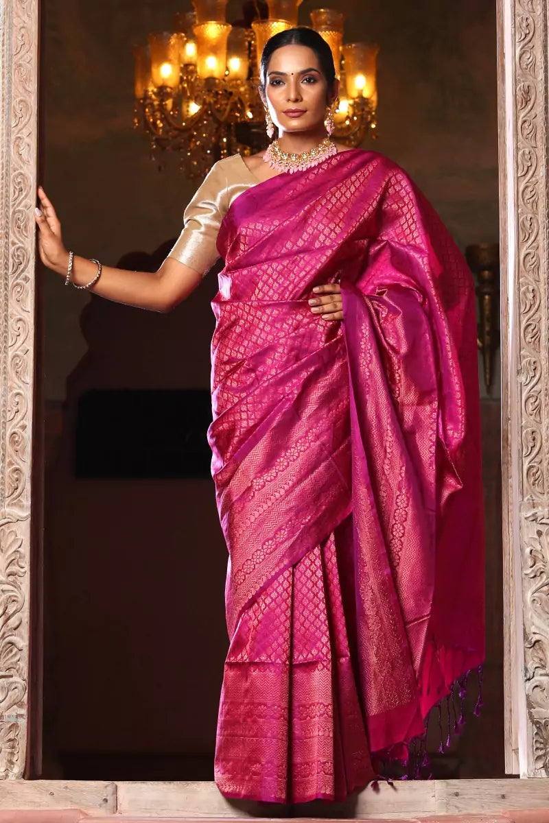 Buy Golden Magenta Kanjivaram Zari Silk Saree - House Of Elegance
