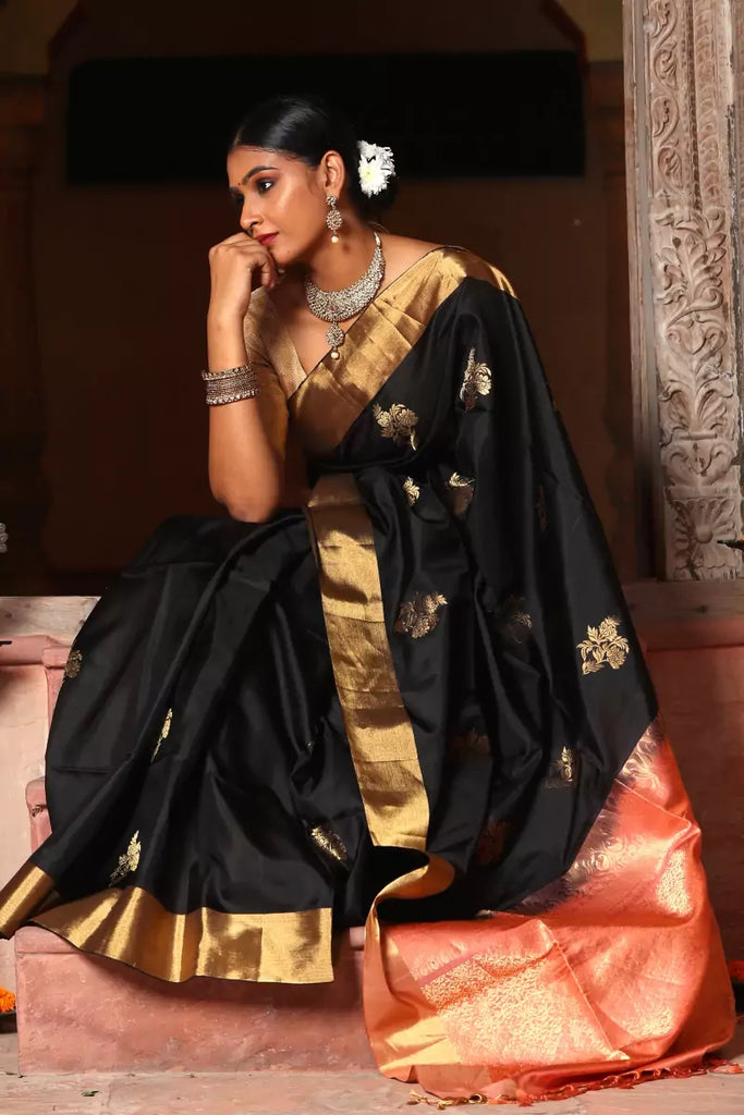 Midnight Black Kanjivaram Silk Saree | Kolour