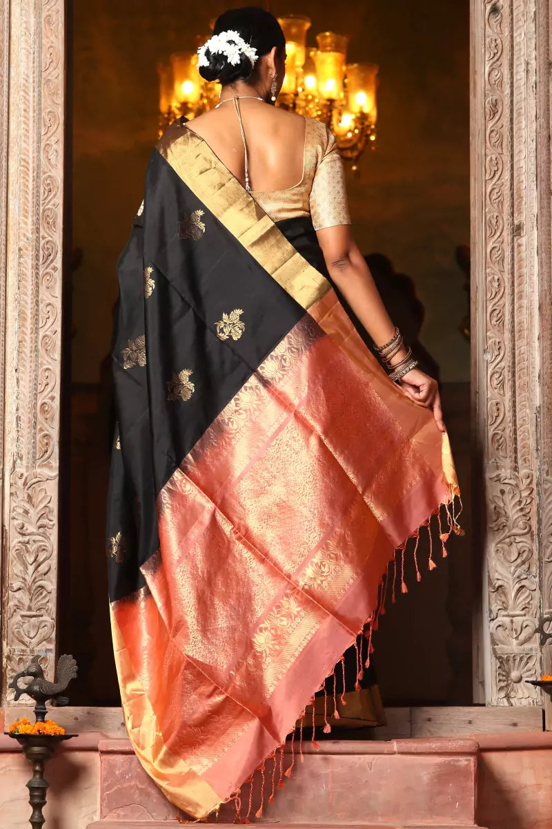 Black Handloom Kanjivaram Pure Silk Saree