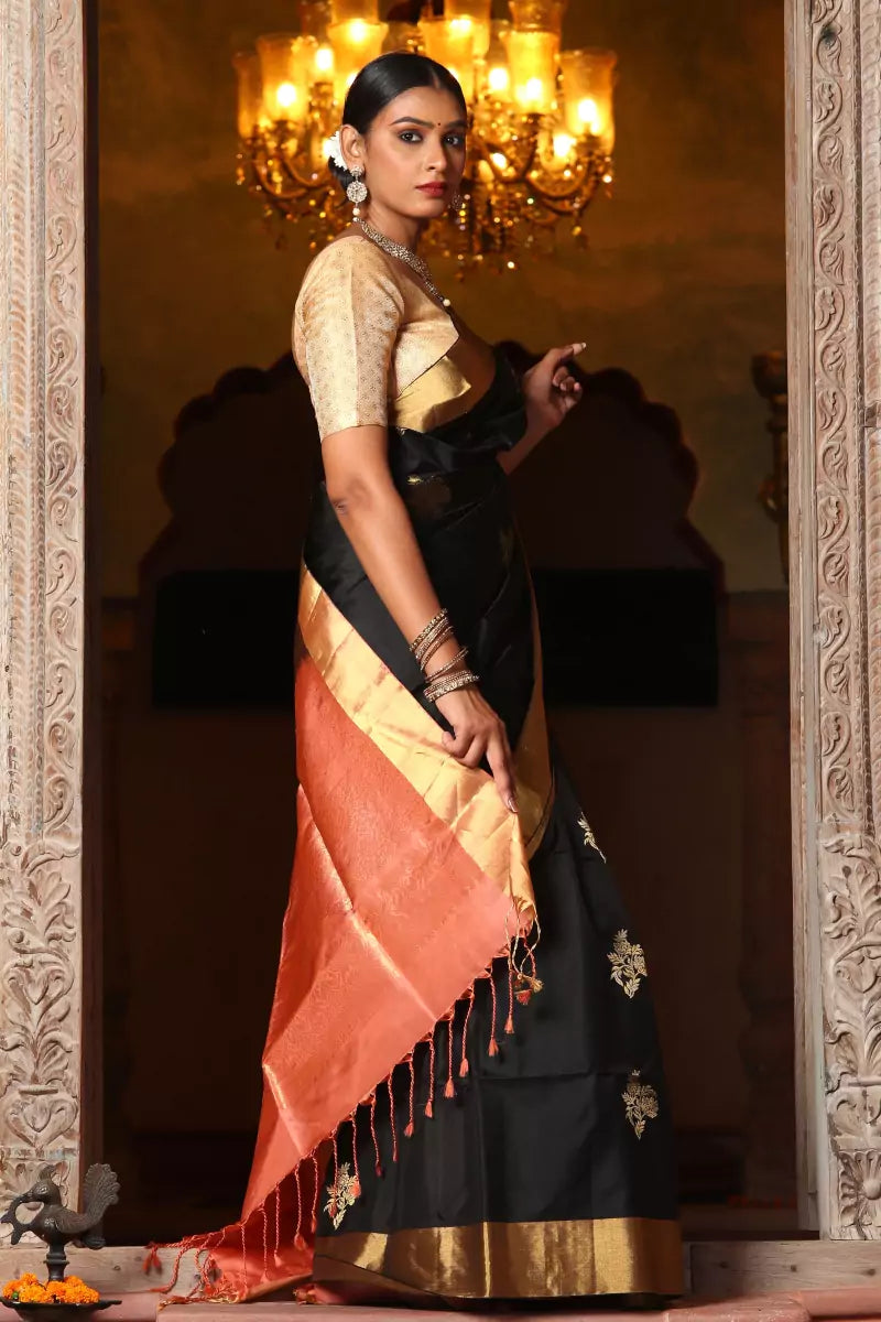 Black Kanchipuram Silk Saree with Tree Buttas with Golden Detailed  Threadwork Border and Palla | Exotic India Art