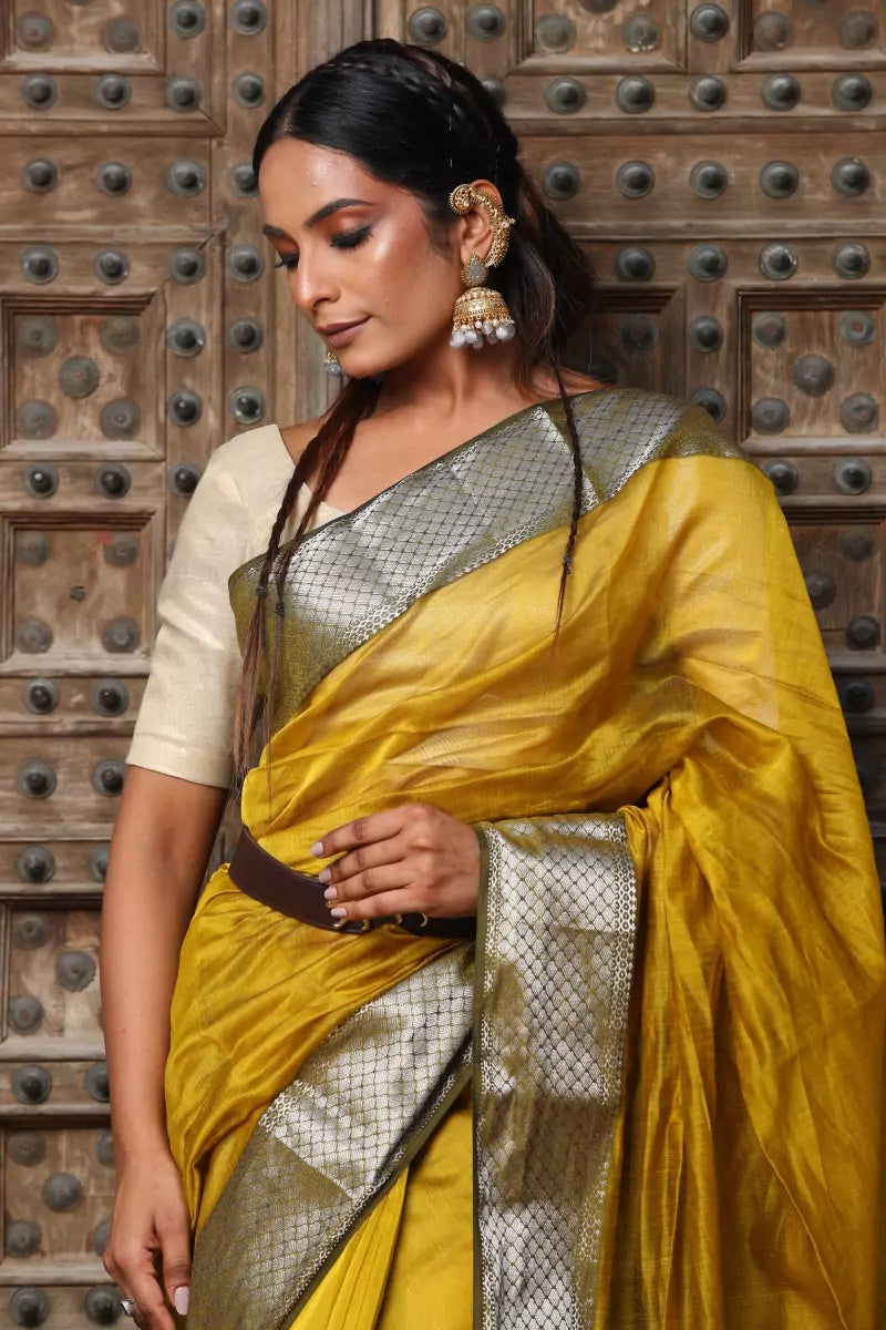 Mustard Maheshwari Cotton Silk Saree