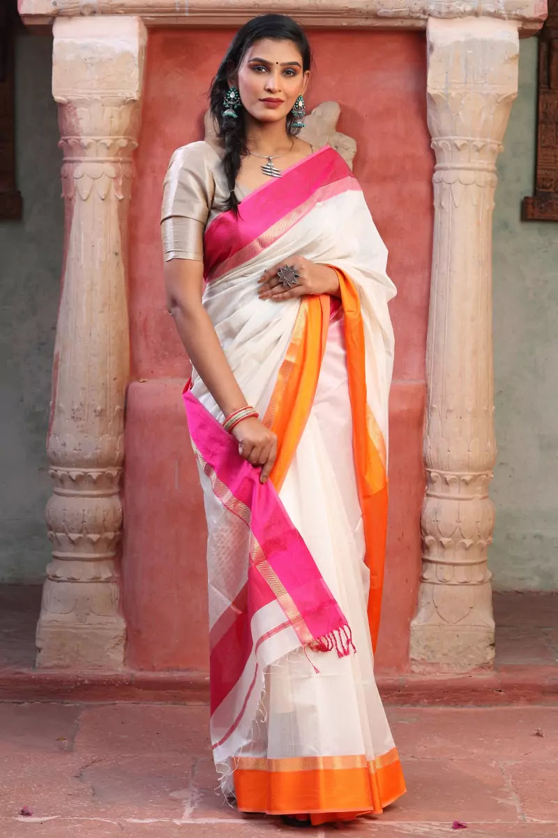 White Maheshwari Cotton Silk Saree