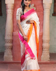 White Maheshwari Cotton Silk Saree