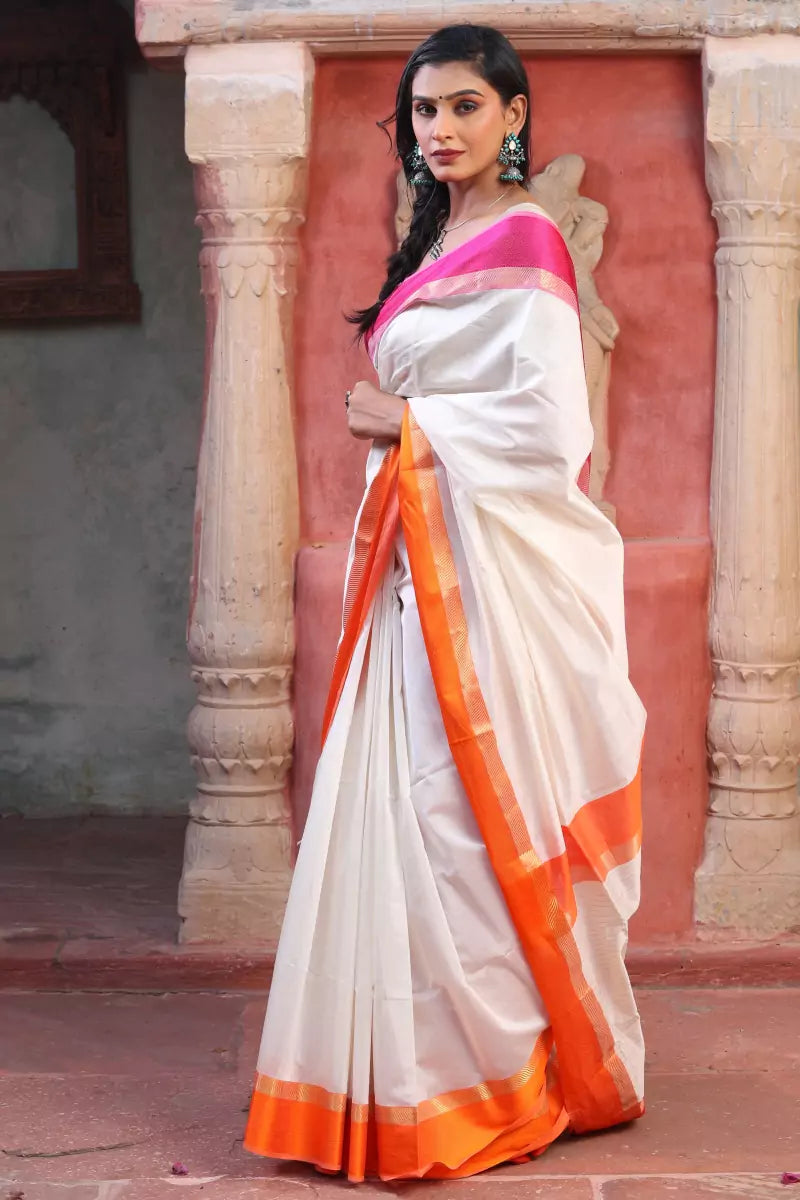 White Pink Maheshwari SiCo Saree