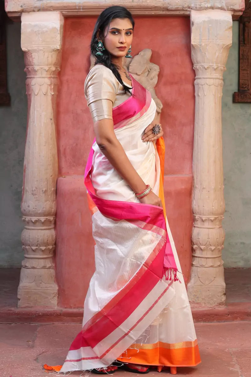 White Handloom Maheshwari SiCo Saree