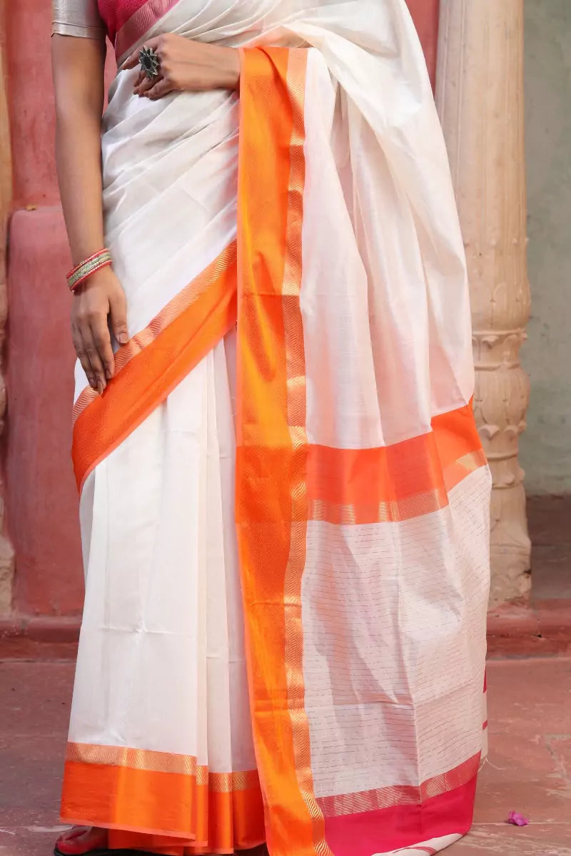 White Handwoven Maheshwari SiCo Saree