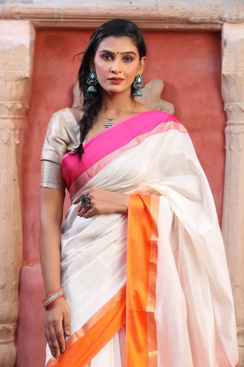 Buy SHOPDROP Woven Kanjivaram Pure Silk White Sarees Online @ Best Price In  India | Flipkart.com