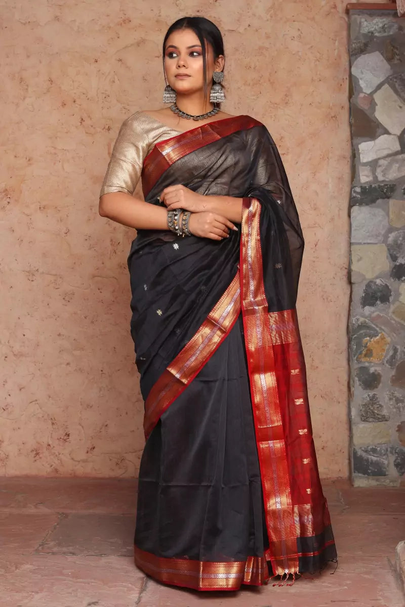 Black Maheshwari Cotton Silk Saree