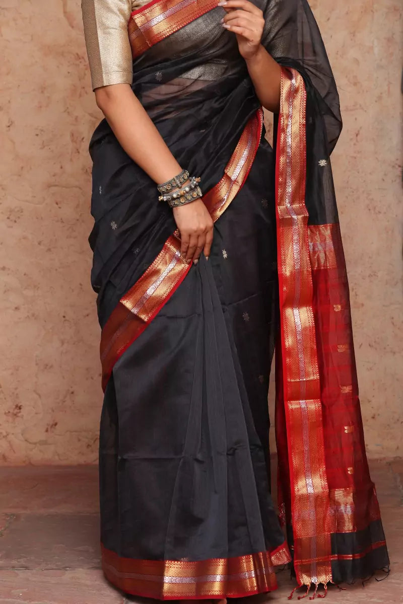 Red Black Maheshwari Cotton Silk Saree