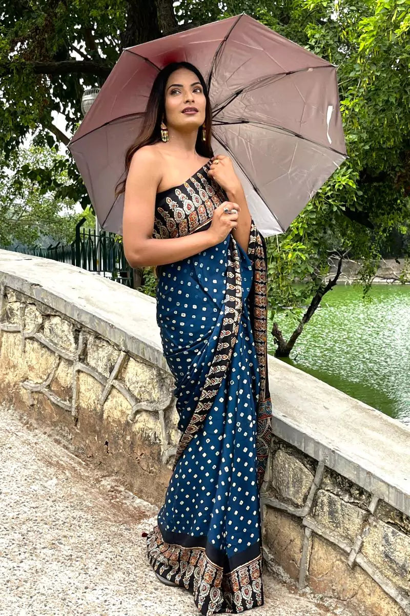 Blue Bandhej Ajrakh Modal Silk Saree