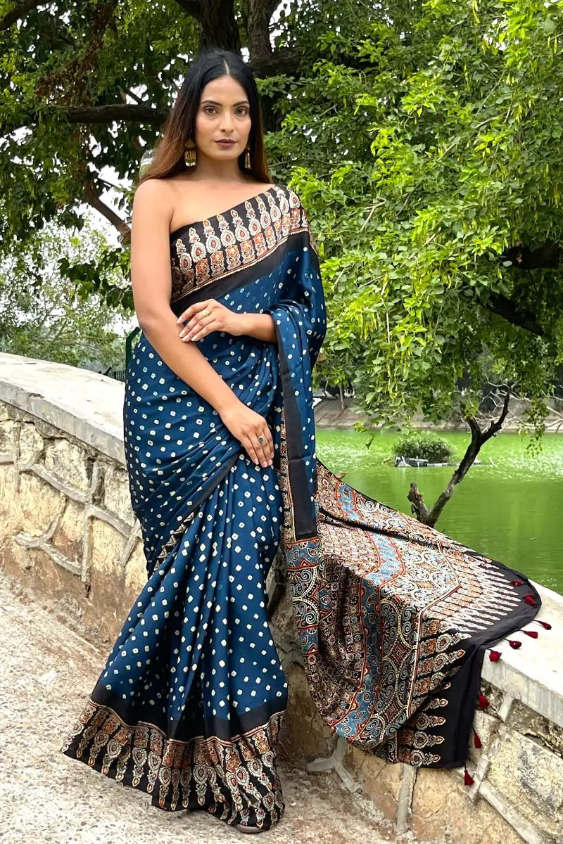 Blue Bandhni Ajrakh Modal Silk Saree