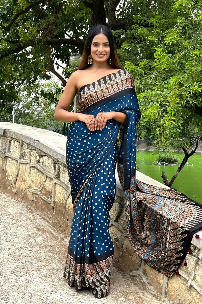 Blue Bandhni Black Ajrakh Modal Silk Saree