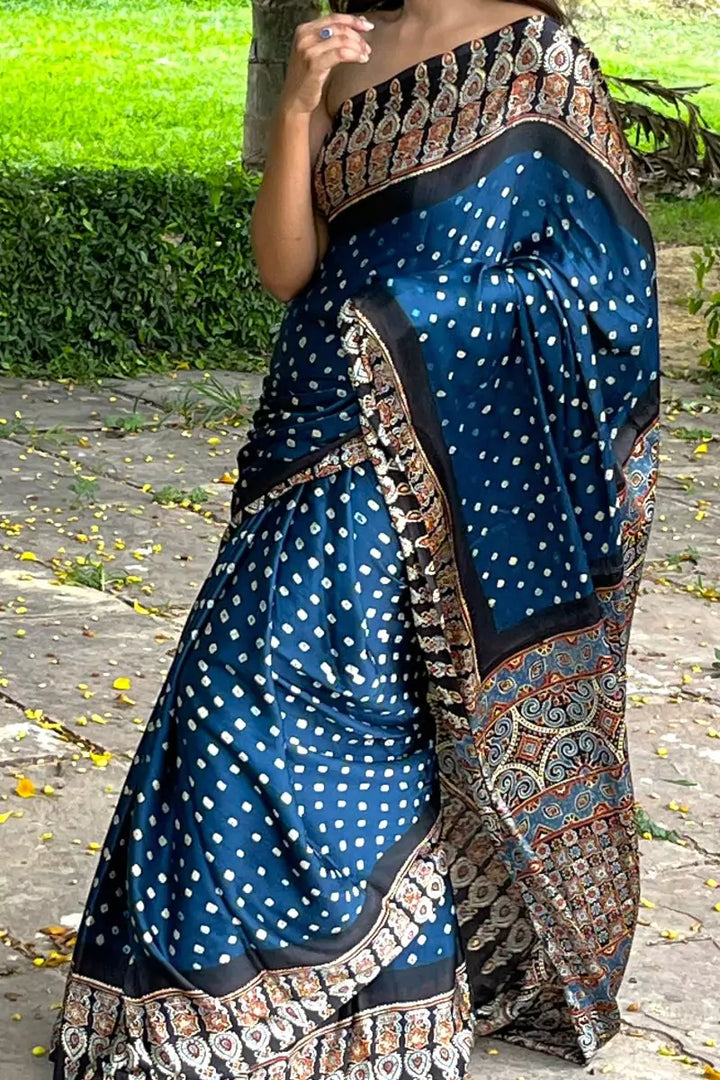 Blue Bandhej Black Modal Silk Ajrakh Saree
