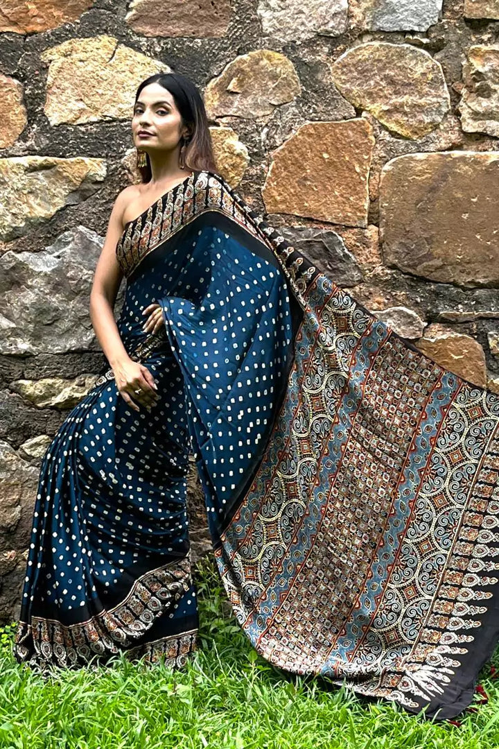 Blue Bandhej Black Ajrakh Modal Silk Saree