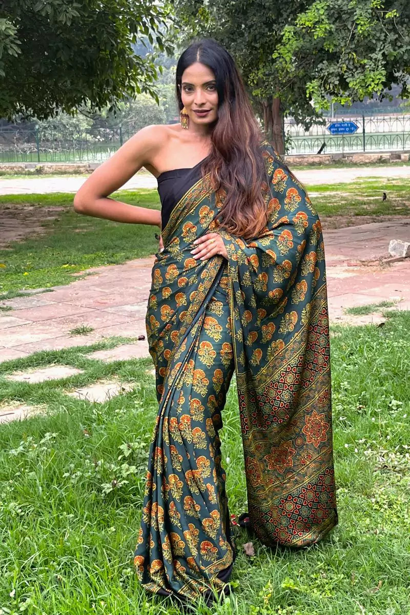 Green Ajrakh Modal Silk Saree