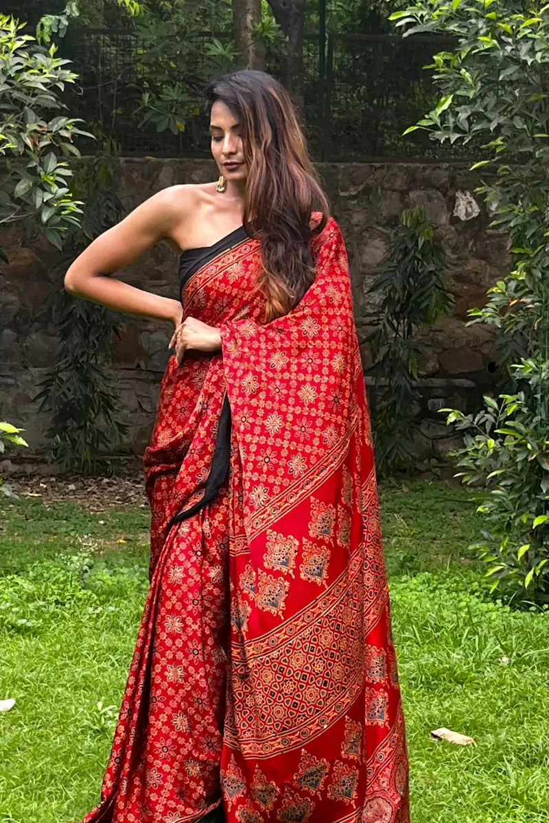 Buy Red Madhagalo Ajrakh Modal Silk Saree Authentic Ajrakh, 51% OFF