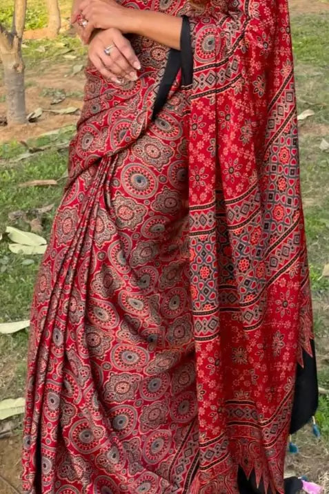 Red Madhagalo Ajrakh Modal Silk Saree