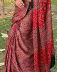 Red Madhagalo Ajrakh Modal Silk Saree