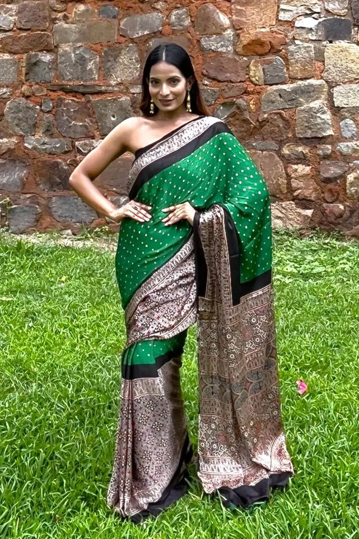 Green Bandhej Ajrakh Modal Silk Saree