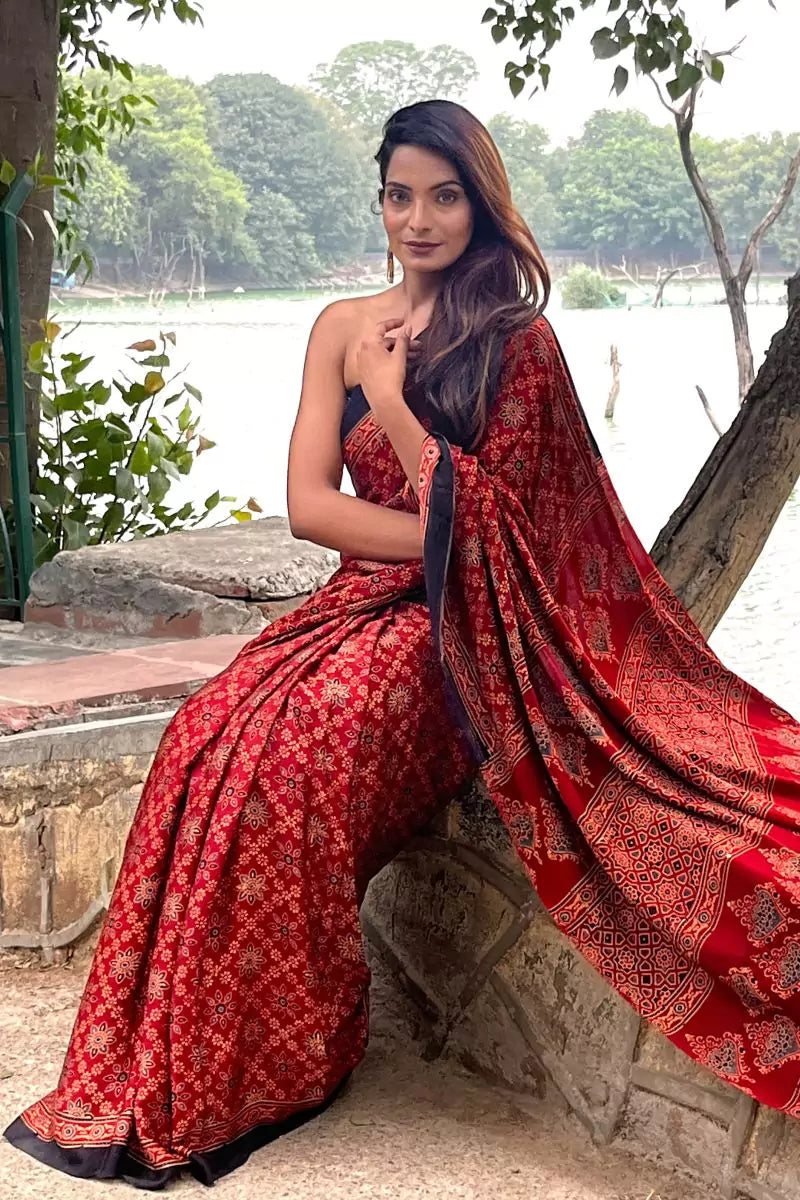 Red Ajrakh Modal Silk Saree