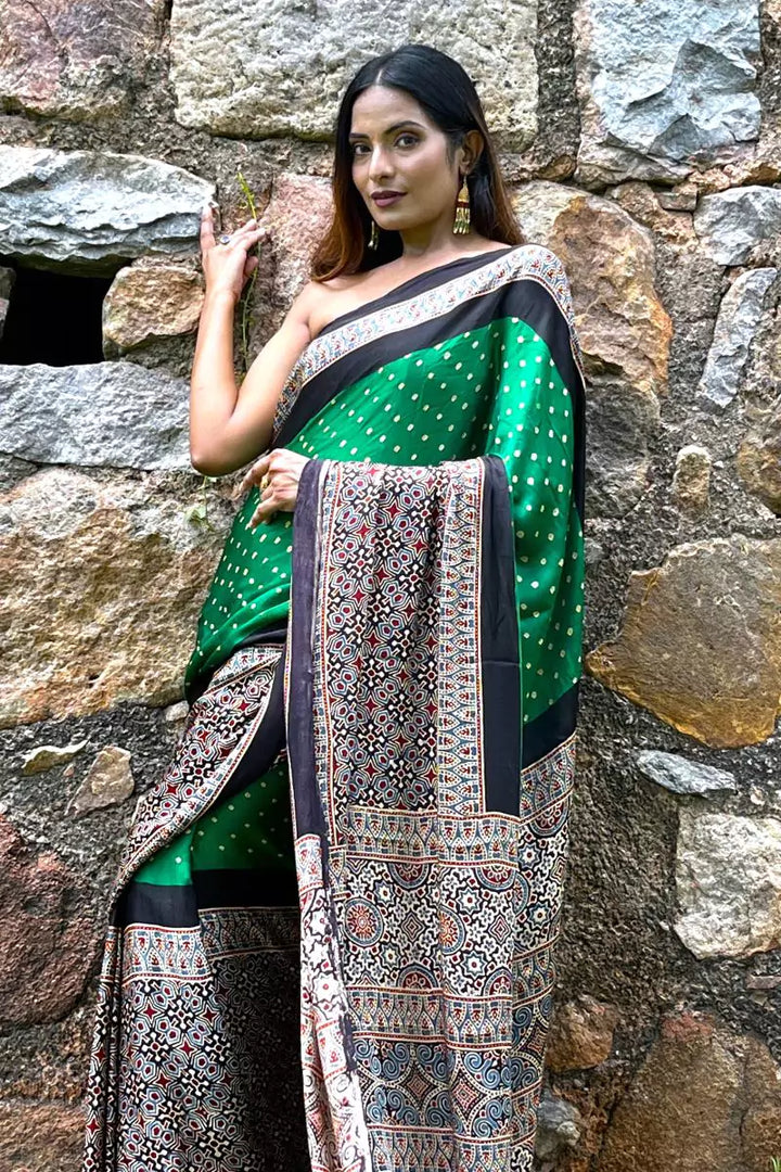 Green Bandhej Ajrakh Modal Silk Saree