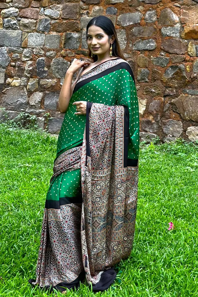 Green Bandhej Ajrakh Modal Silk Saree