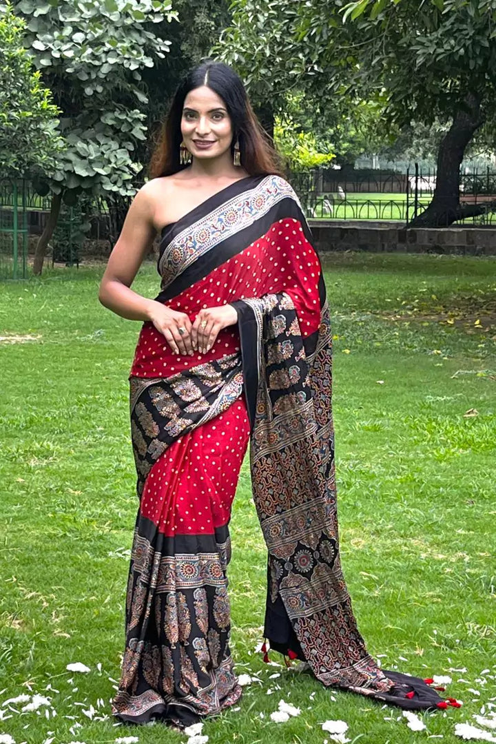 Red Bandhej Ajrakh Modal Silk Saree