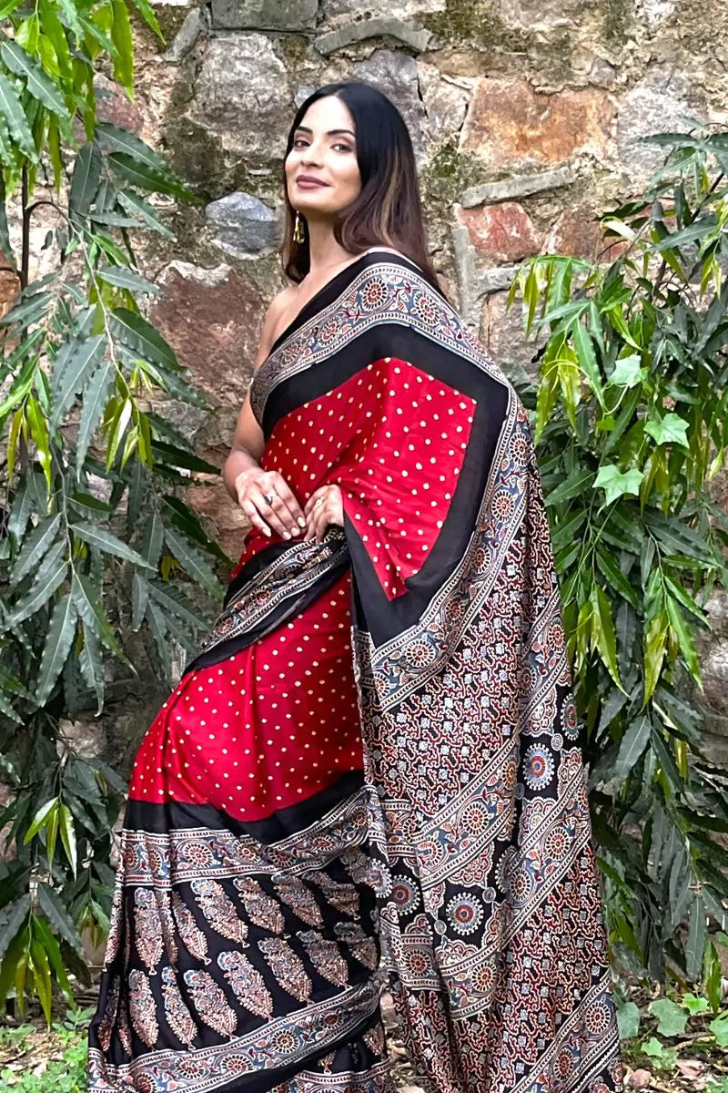 Red Bandhej Ajrakh Modal Silk Saree