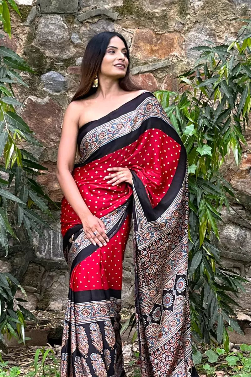 Red Bandhej Ajrakh Modal Silk Saree