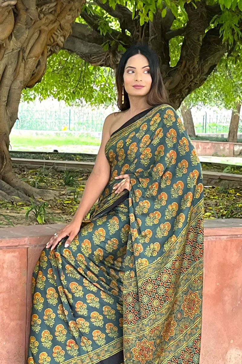 Buy Green Flora Modal Silk Ajrakh Saree: House Of Elegance – House