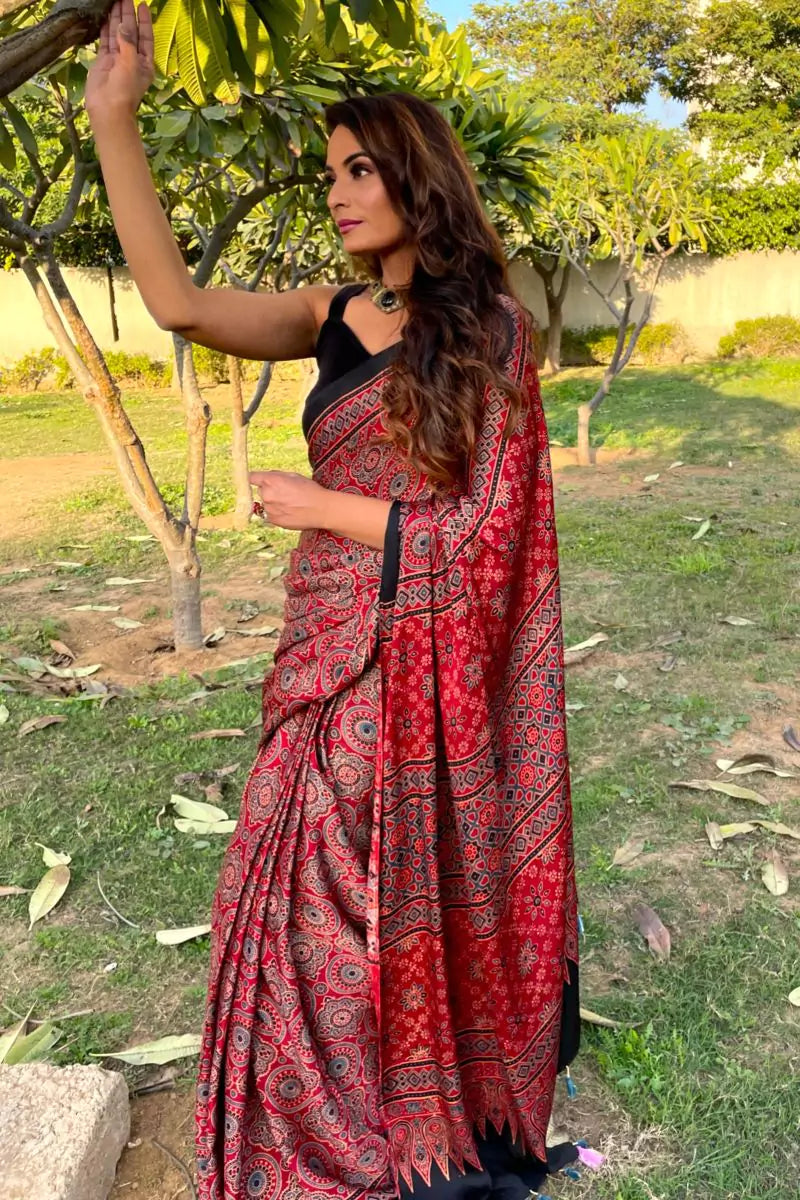 Red Madhagalo Ajrakh Modal Silk Saree