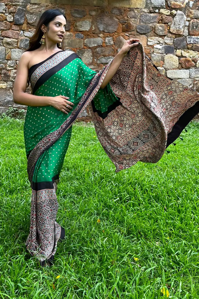 Green Bandhej Ajrakh Modal Silk Saree