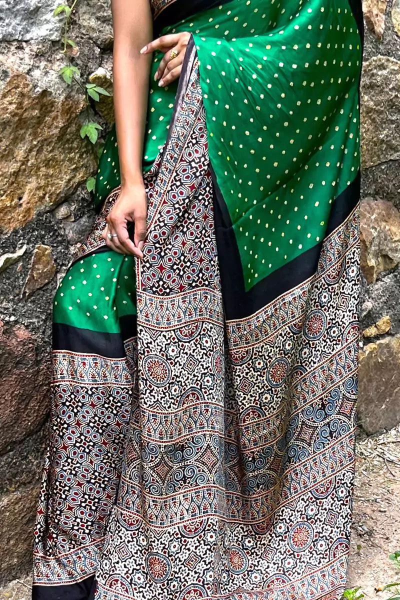 Green Bandhej Ajrakh Modal Silk Saree