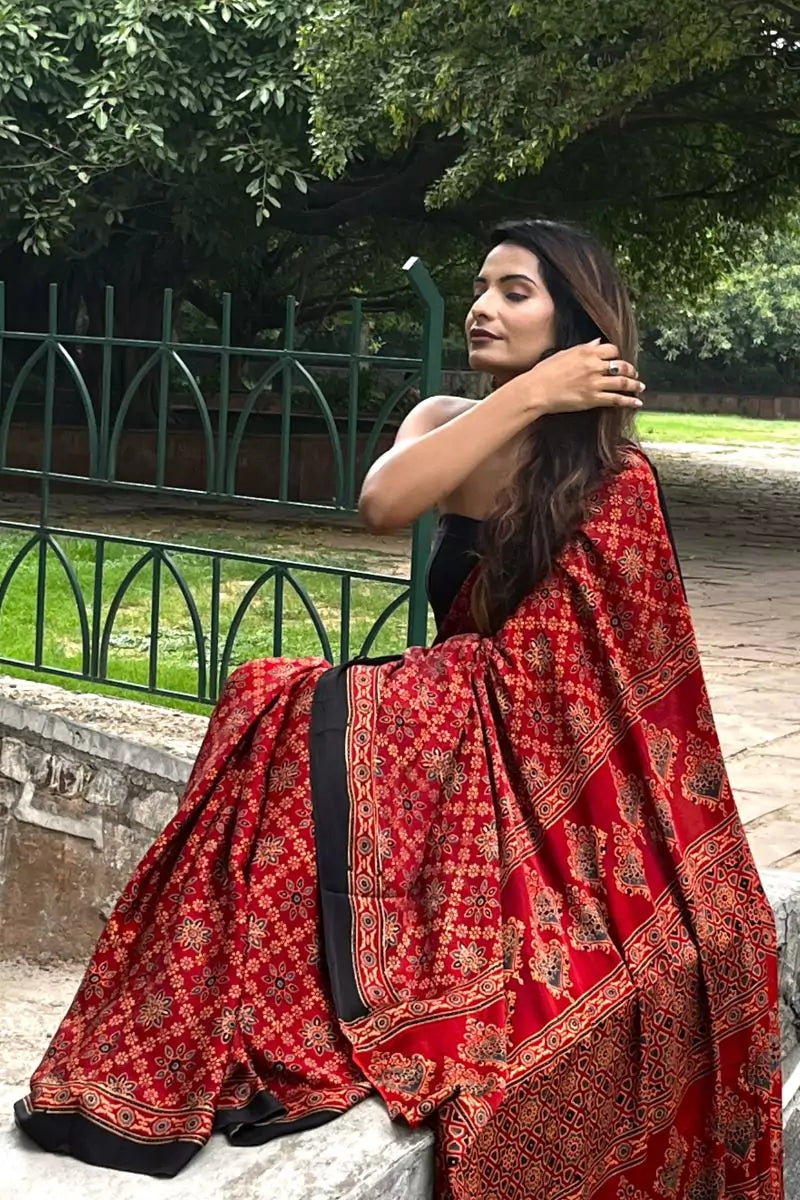 Red Ajrakh Modal Silk Saree