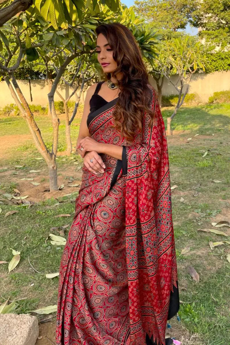 Ajrakh Red Ghatchola Modal Silk Saree