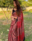 Red Madhagalo Ajrakh Modal Silk Saree