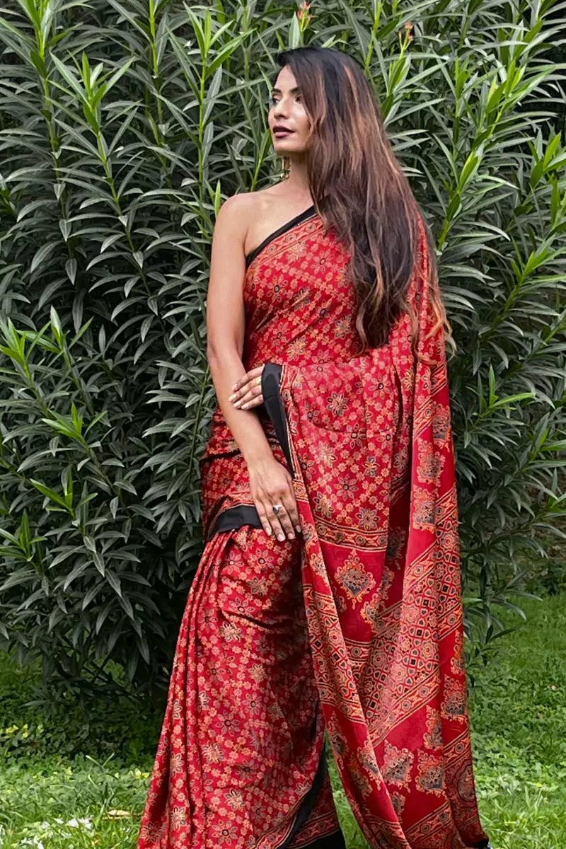 Red Modal Silk Ajrakh Saree