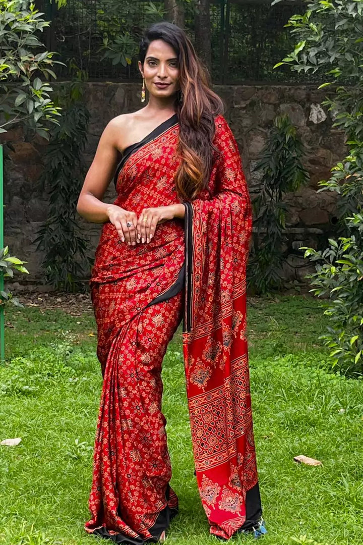 Red Ajrakh Modal Silk Saree with Tassels