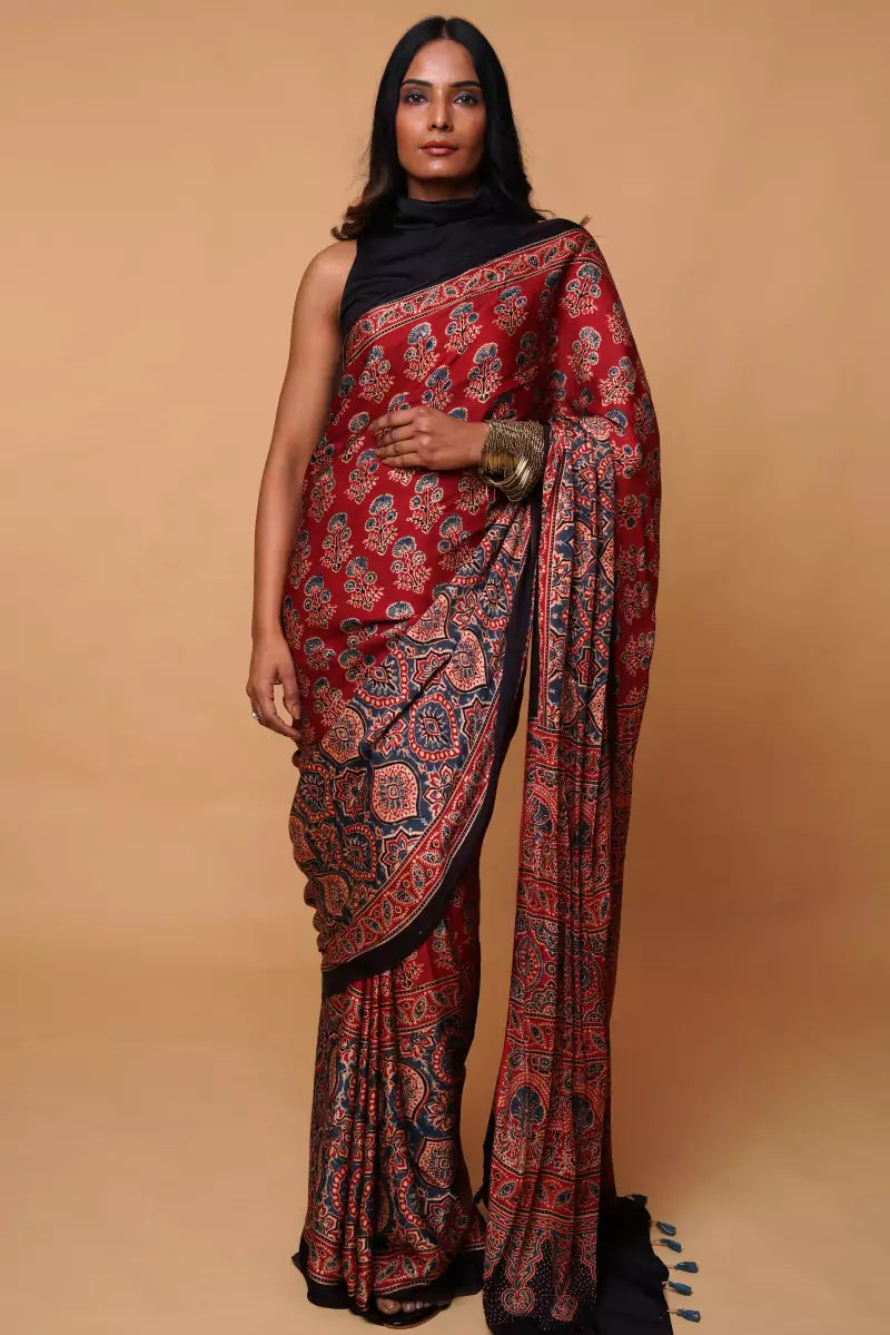 red Modal Silk Ajrakh Saree