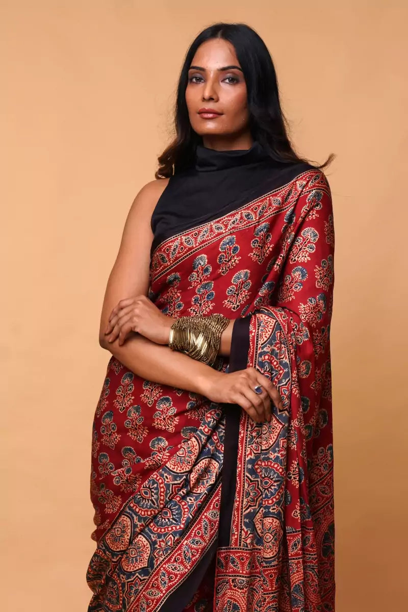 red Modal Silk Ajrakh Saree