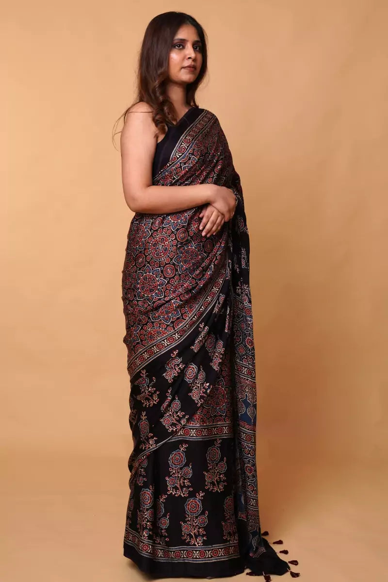 Black Modal Silk Ajrakh Saree
